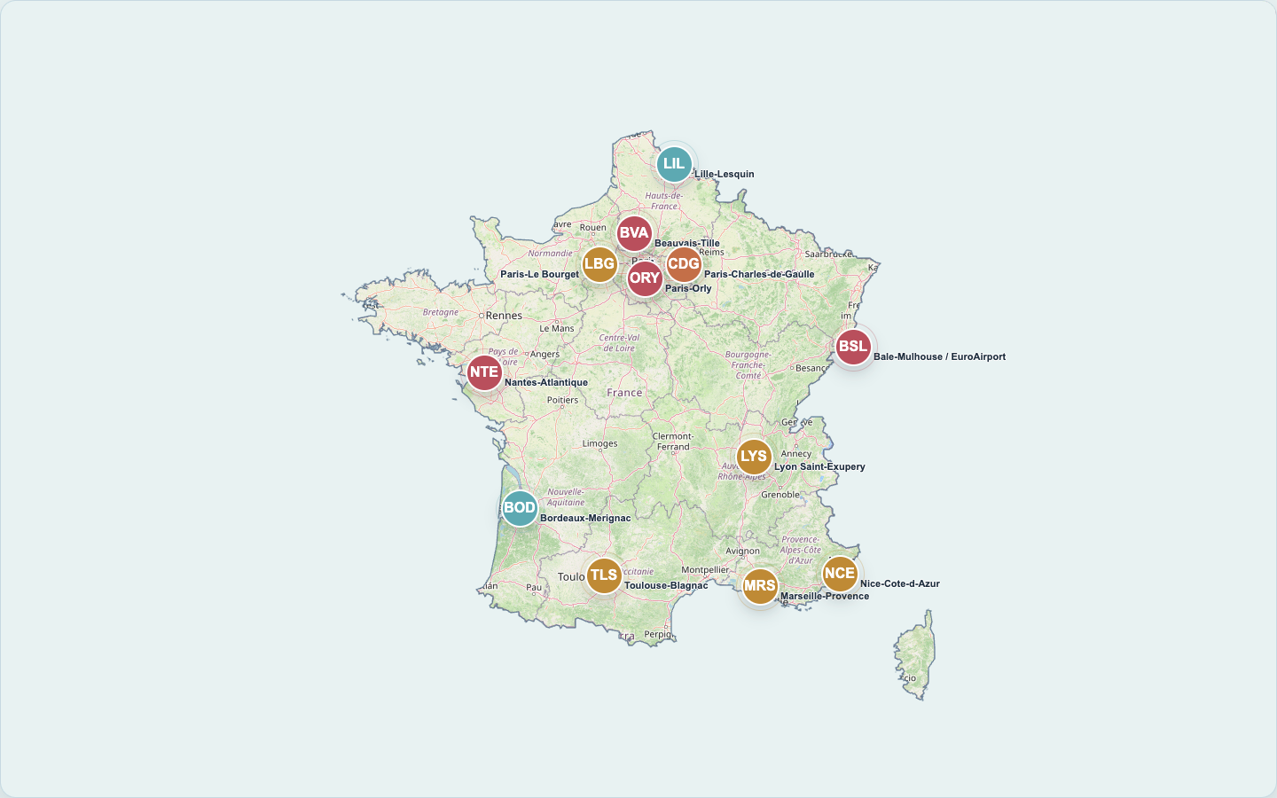 Carte des aéroports du périmètre ACNUSA